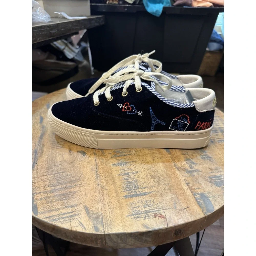Soludos Velvet Paris Platform Sneakers In‎ Navy Size 9 $169 Extra Shoe Strings